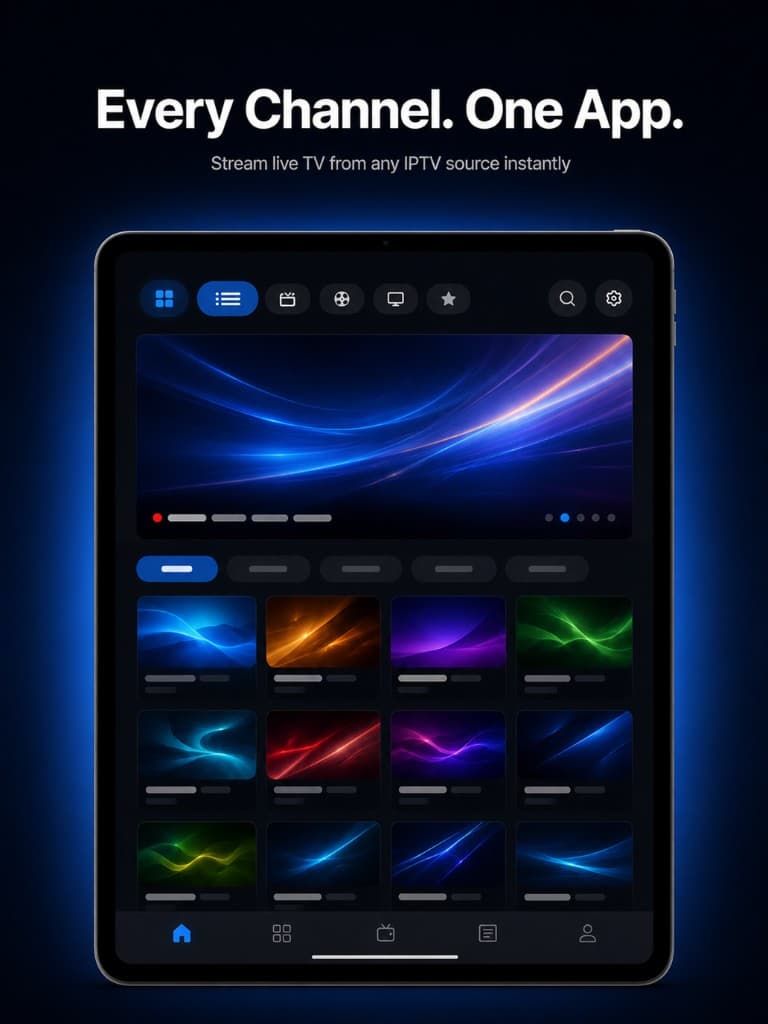 StreamLucid home screen with channel grid on iPad